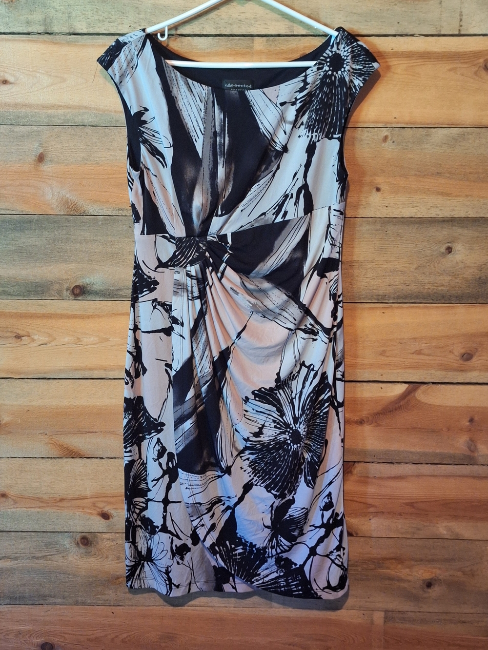 connected apparel Black, Cream, And Pink Floral Knot-Front Midi Dress